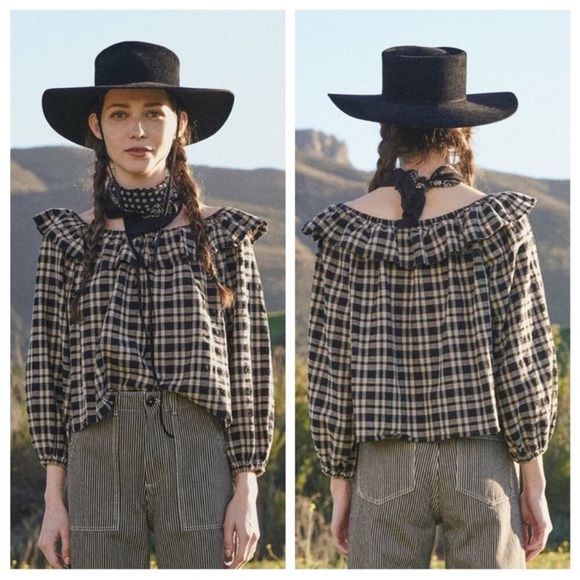 The Great. Blouse Coastal Top Ruffle In Plaid Black Cream